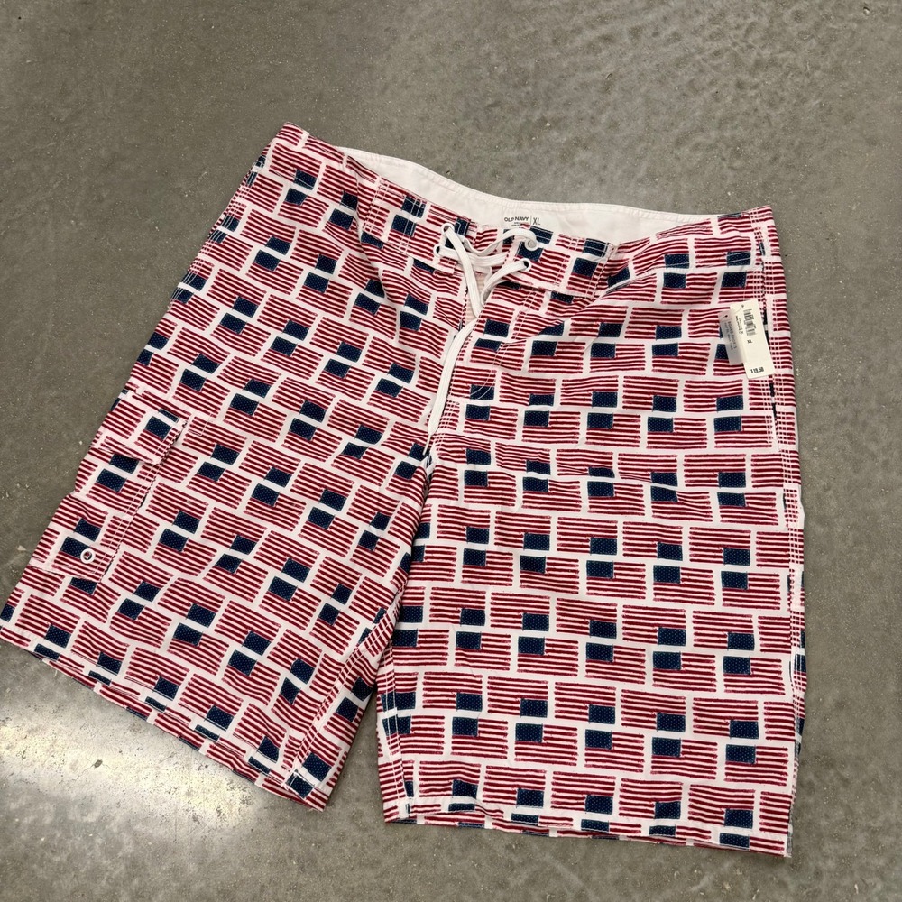 Old Navy Mens XL American Flag Board Shorts Red White Blue Mesh Lined NWT